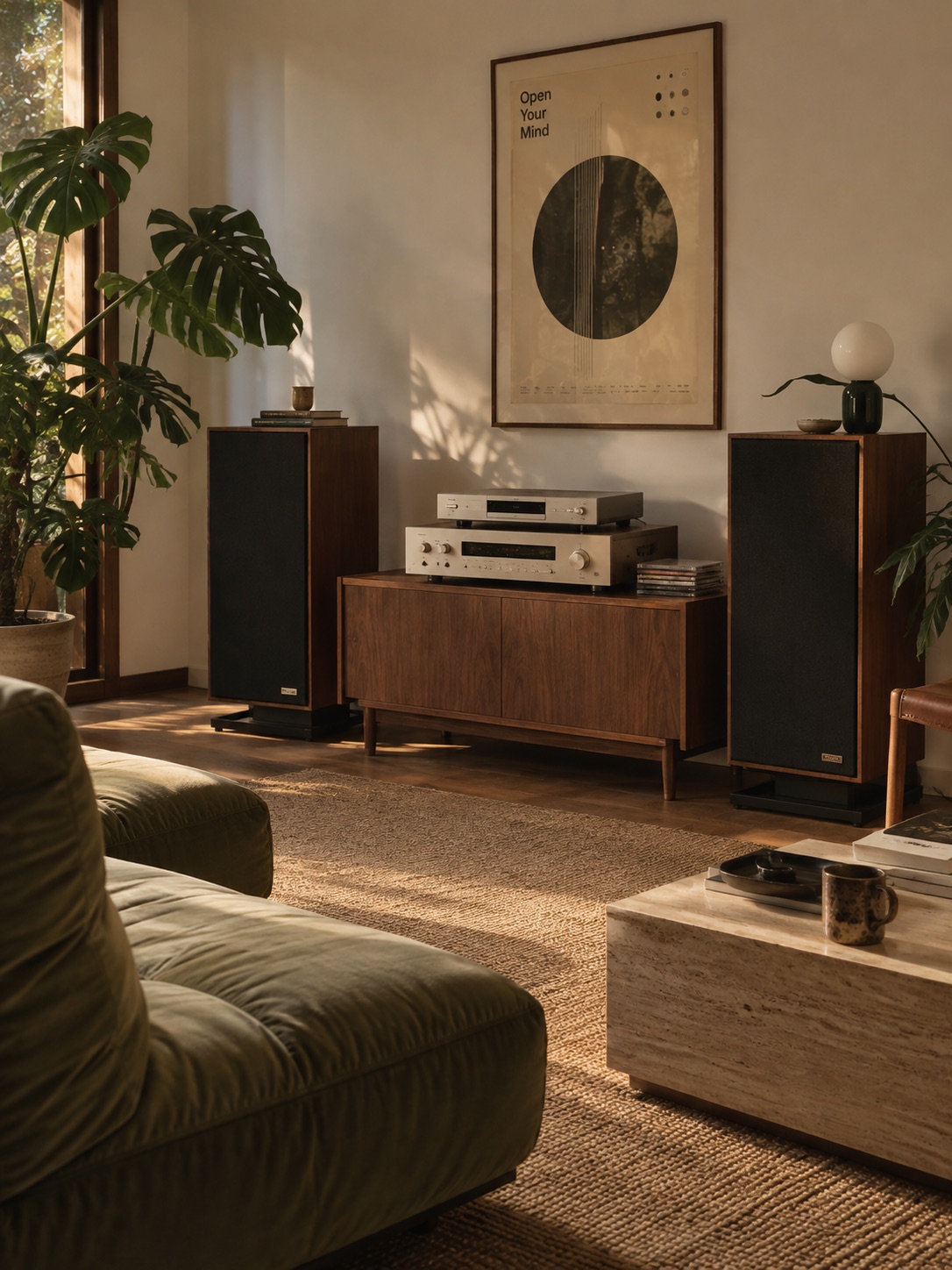 Living con luz de tarde: equipo de música con lector de CD sobre un mueble de madera, parlantes de piso y una pila de CDs